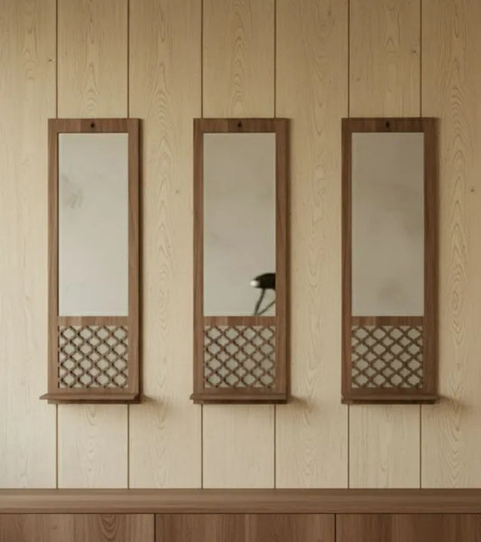3 Piece Elegant Wooden Wall-Mounted Mirrors Set with Shelves