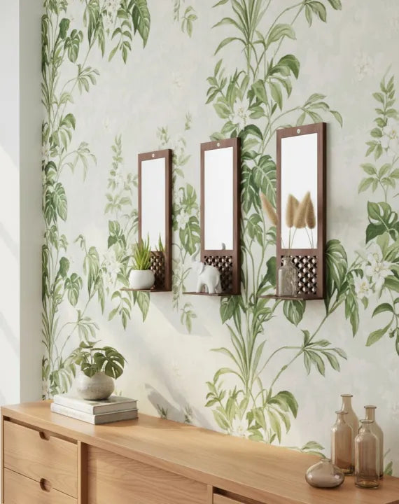 3 Piece Elegant Wooden Wall-Mounted Mirrors Set with Shelves