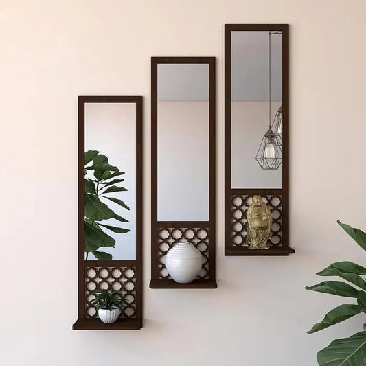 3 Piece Elegant Wooden Wall-Mounted Mirrors Set with Shelves